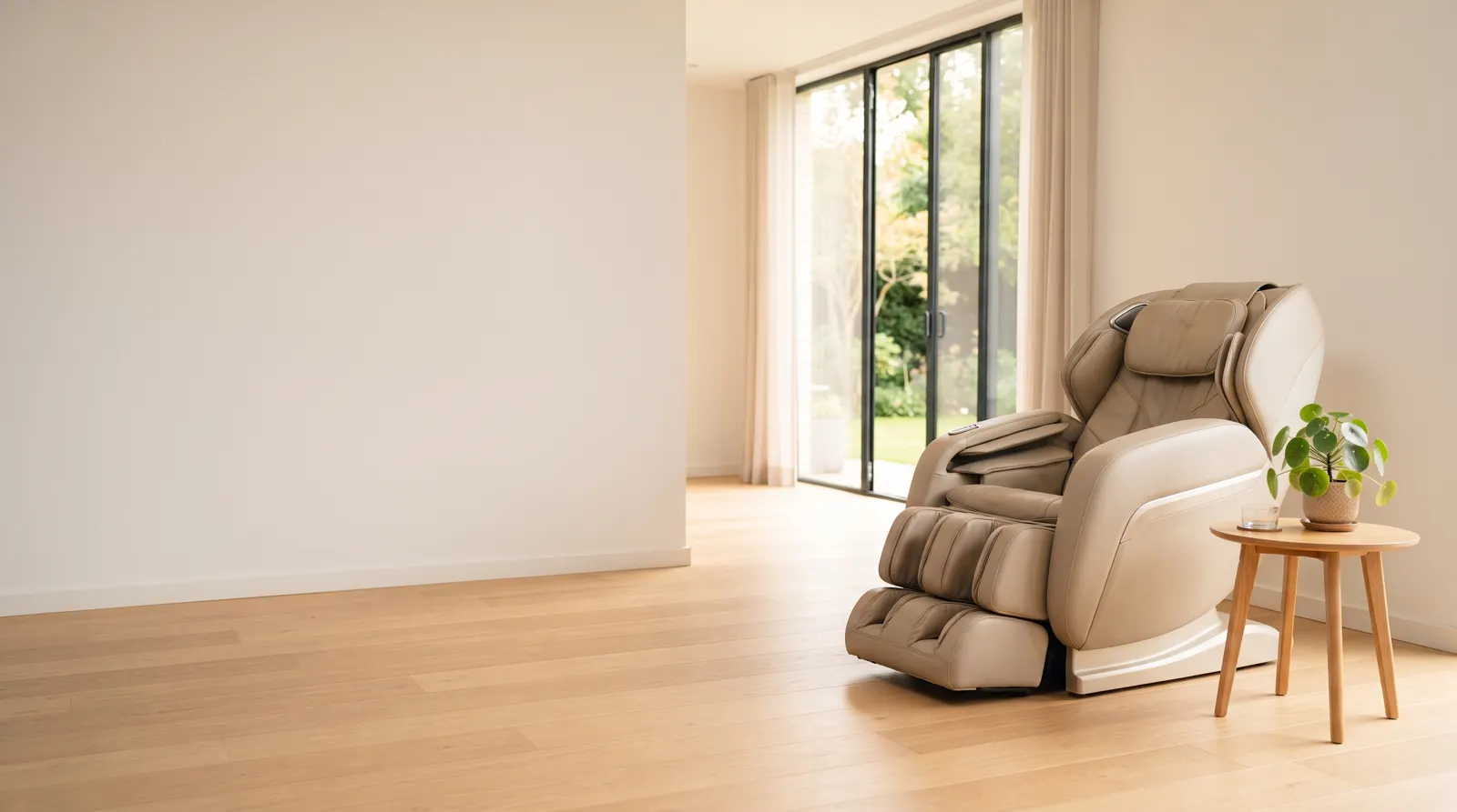 Beiger Massagesessel in einem hellen Wohnzimmer mit großem Fenster (Symbolbild)